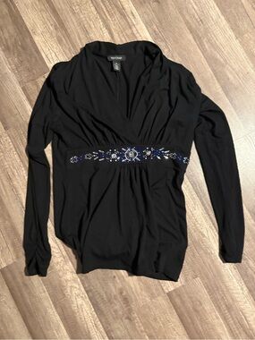White House Black Market Black Embellished V-Neck Long Sleeve Top